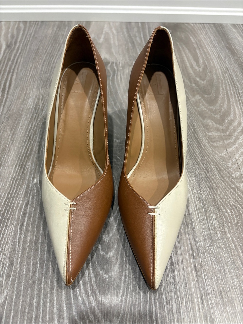 Flattered Two-Tone Pointed Pumps in Cream & Brown